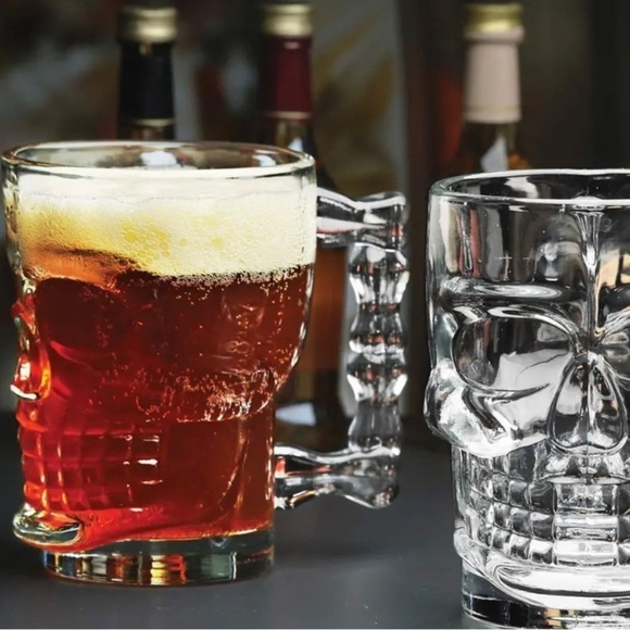 Skeleton Clear Heavy Base Glass Skull Face Drinking Mugs Set of 2 Beer Cups - Picture 4 of 4